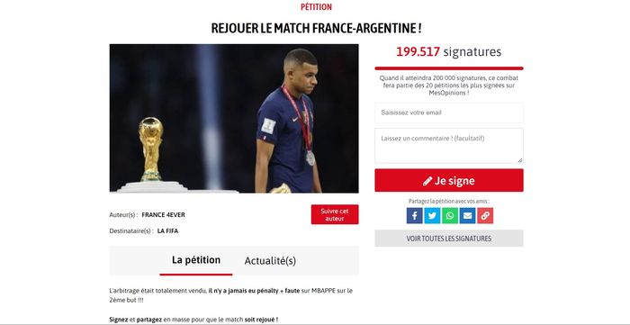 Petisi online yang dibuat oleh pendukung timnas Prancis untuk meminta laga final Piala Dunia 2022 diulang.