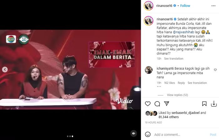 Aksi Rina Nose saat impersonate Najwa Shihab
