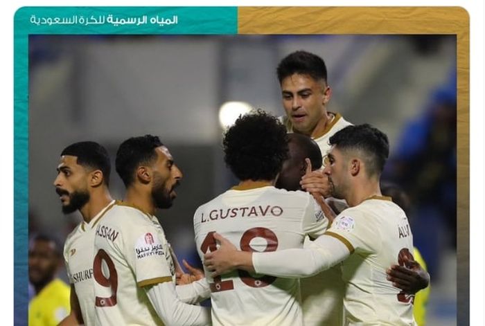 Para pemain Al Nassr saat merayakan gol ke gawang Al-Khaleej di Liga Arab Saudi (31/12/2022). Al Nassr baru saja resmi mengikat Cristiano Ronaldo pada 30 Desember 2022.