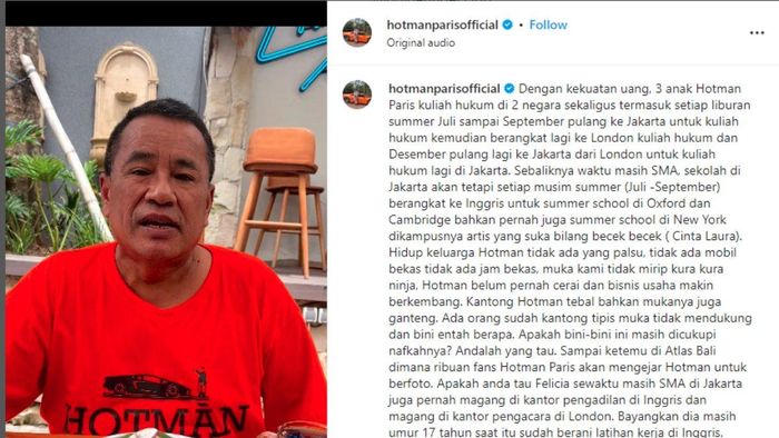 Unggahan Hotman Paris menyidir Razman Nasution pada Sabtu (31/12/2022).