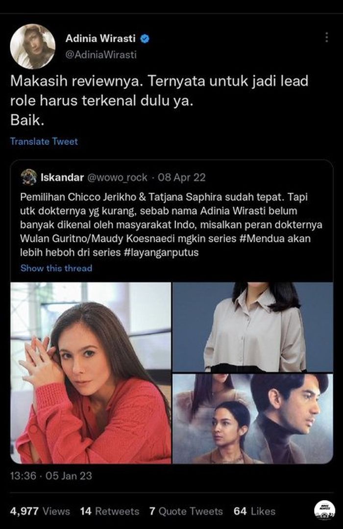 Tanggapan Adinia Wirasti disebut tak terkenal hingga tak cocok jadi pemeran utama series Mendua