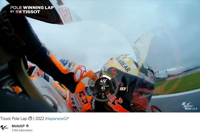 Tangkapan layar dari video lap tercepat Marc Marquez saat merebut pole position pada MotoGP Jepang 2022. Informasi mengenai kecepatan, posisi persneling, sudut kemiringan motor dalam infografis di siaran MotoGP ini didapat dari data telemetri. 