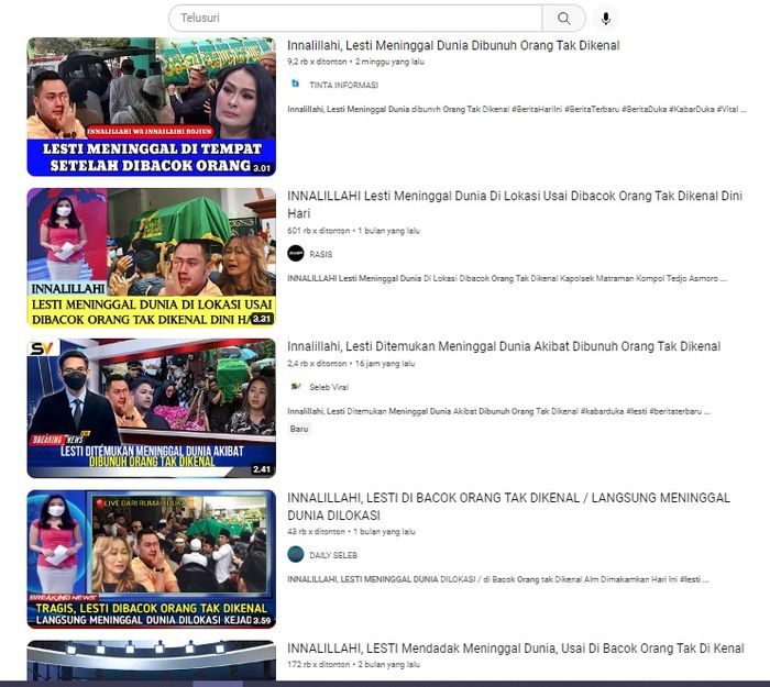 Konten YouTube yang mengabarkan Lesti Kejora meninggal dunia.