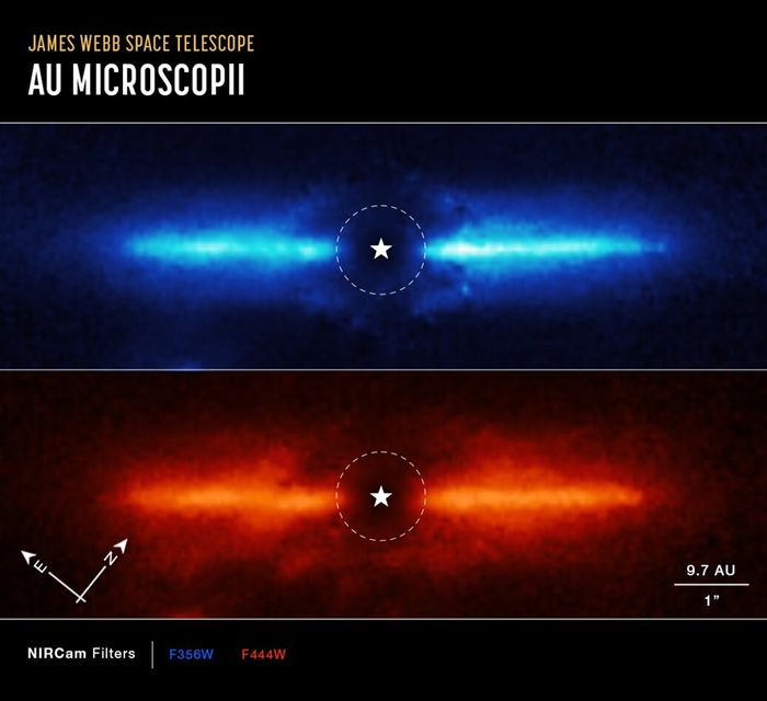 Kedua gambar ini adalah piringan puing berdebu di sekitar AU Mic, bintang kerdil merah yang terletak 32 tahun cahaya jauhnya di konstelasi Microscopium selatan.  Gambar ini menunjukkan panjang gelombang cahaya inframerah-dekat dan inframerah-menengah yang tidak terlihat yang telah diterjemahkan ke dalam warna cahaya tampak.