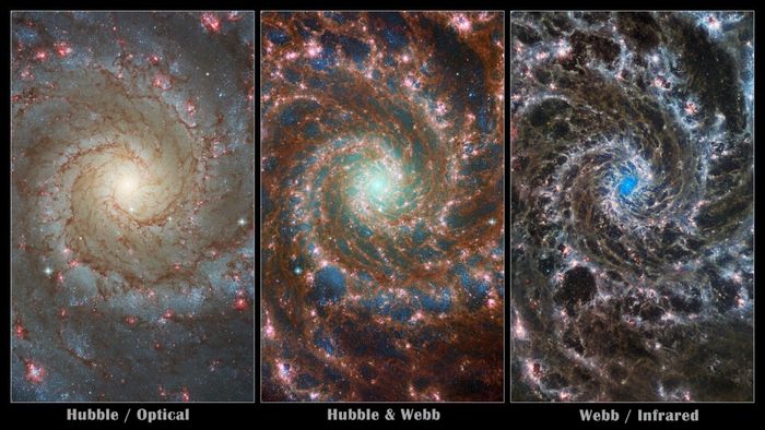 Perbandingan gambar Hubble (kiri) dan Webb (kanan) dari Phantom Galaxy, dengan gambar baru yang digabungkan dari keduanya (tengah).
