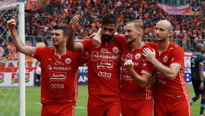 Selebrasi gol pemain Persija Jakarta ke gawang Persikabo 1973 di Stadion Patriot, Bekasi, Jawa Barat, Minggu (29/1/2023)  