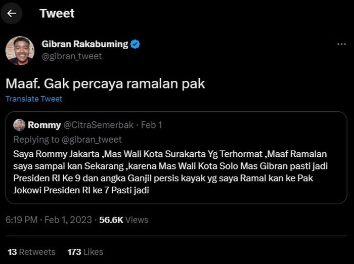 Gibran Rakabuming balas ramalan netizen