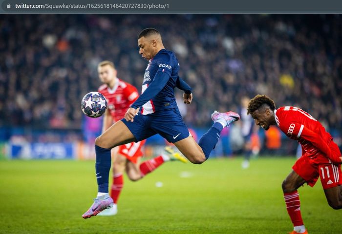 Aksi penyerang Paris Saint-Germain (PSG), Kylian Mbappe, saat melawan Bayern Muenchen di Liga Champions 2022-2023.