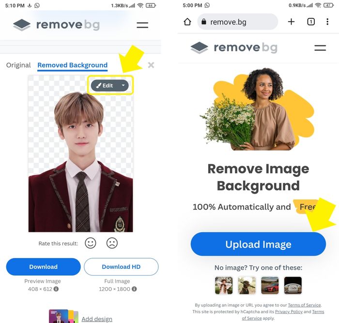 Tombol Upload Image dan Edit untuk menambah background merah dan background biru.