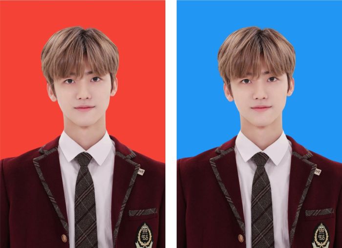 Ilustrasi dan hasil cara edit foto background merah dan background biru.