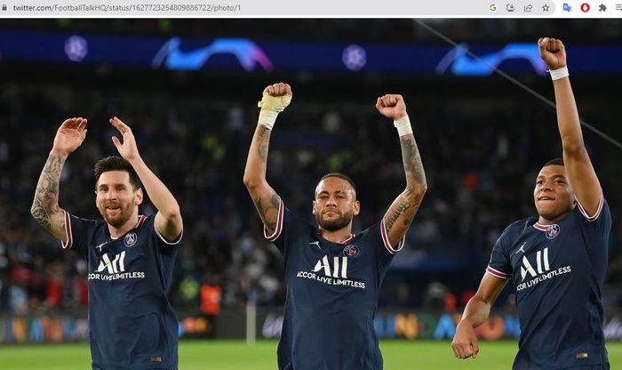 Trio penyerang Paris Saint-Germain (dari kiri ke kanan): Lionel Messi, Neymar Junior, dan Kylian Mbappe.