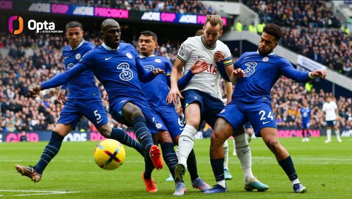 Penyerang Tottenham Hotspur, Harry Kane, berebut bola dengan dua bek Chelsea, Kalidou Koulibaly dan Reece James, dalam laga Liga Inggris di Tottenham Hotspur Stadium, Minggu (26/2/2023).