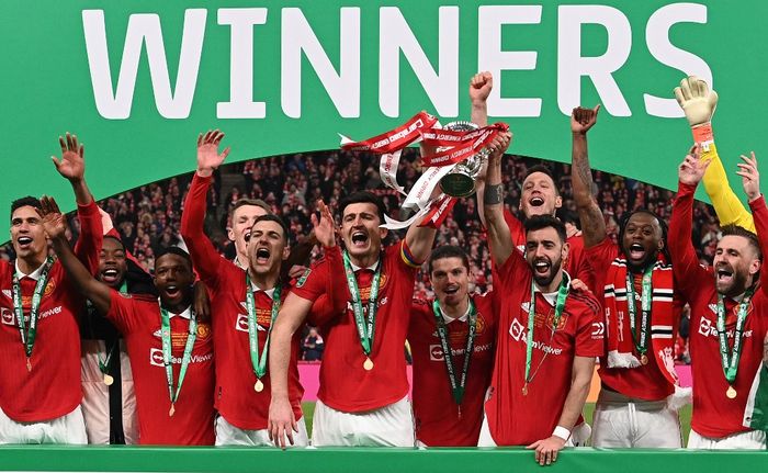 Manchester United berhasil meraih Piala Liga Inggris 2022-2023 usai membekuk perlawanan Newcastle United pada partai final di Stadion Wembley, Minggu (26/2/2023)