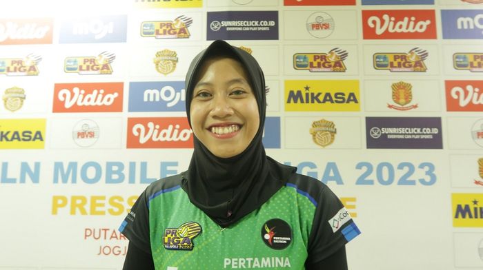 Pemain bola voli Jakarta Pertamina Fastron, Megawati Hangestri Pertiwi, saat ditemui di GOR UNY, Yogyakarta.