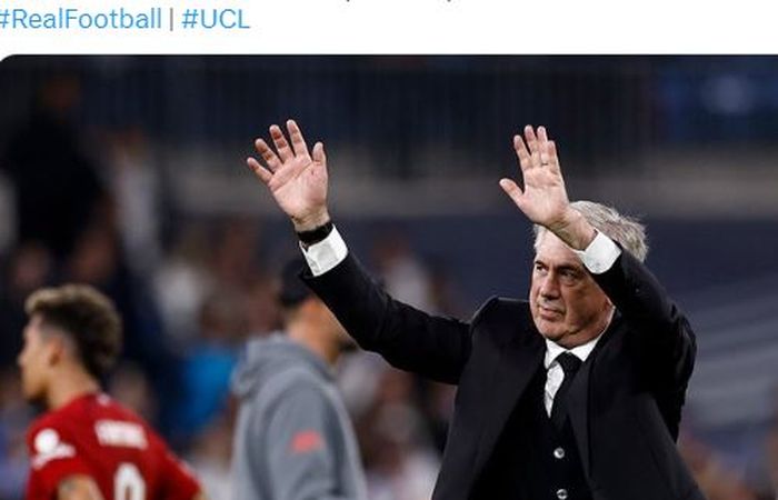 Ekspresi pelatih Real Madrid, Carlo Ancelotti, seusai laga leg kedua babak 16 besar Liga Champions kontra Liverpool di Stadion Santiago Bernabeu, Rabu (15/3/2023).