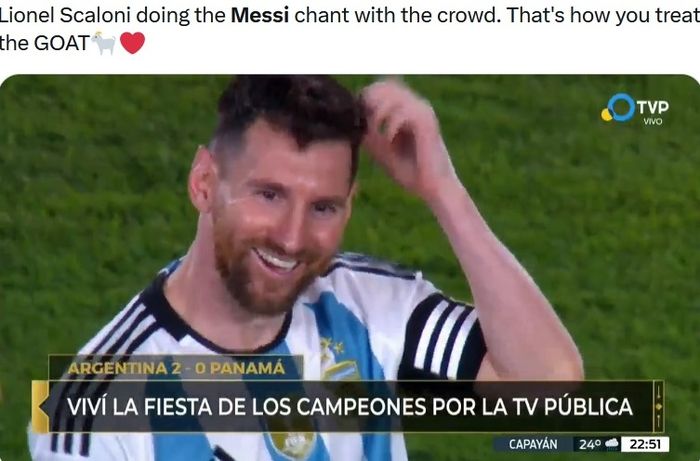 Momen Lionel Messi tersipu malu saat namanya dielukan satu tribune.