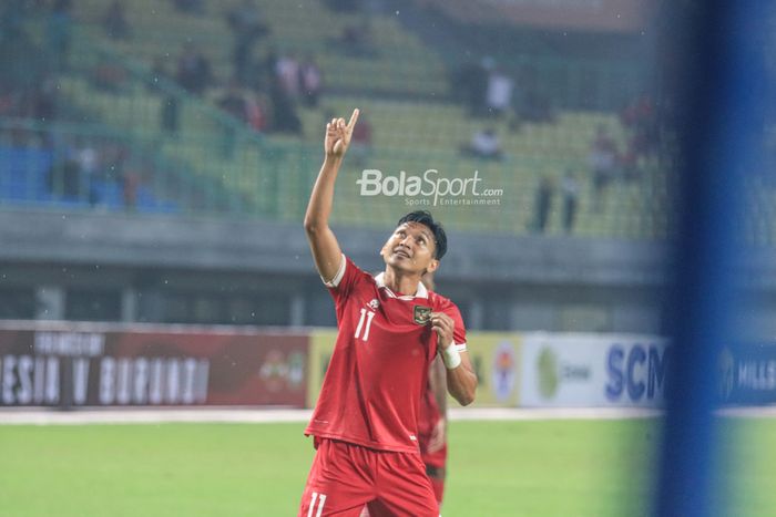 Selebrasi Dendy Sulistyawan setelah mencetak gol kedua timnas Indonesia ke gawang Burundi di Stadion Patriot, Sabtu (25/3/2023).