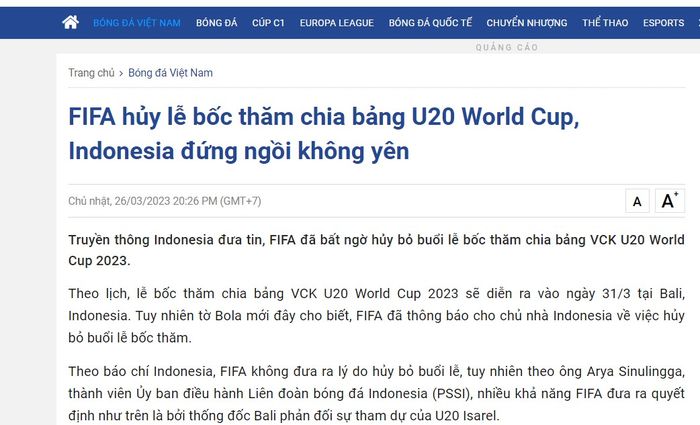 Berita media <a href='https://www.presnapress.com/tag/vietnam' class='blue'>Vietnam</a> yang menyoroti pembatalan drawing <a href='https://www.presnapress.com/tag/piala-dunia-u-20' class='blue'>Piala Dunia U-20</a> 2023.