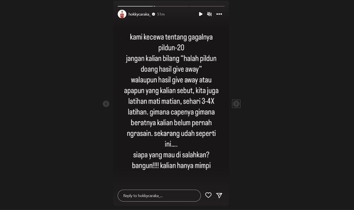 Tangkapan layar Instagram penyerang timnas U-20 Indonesia, Hokky Caraka, terkait pembatalan Indonesia jadi tuan rumah Piala Dunia U-20 2023.