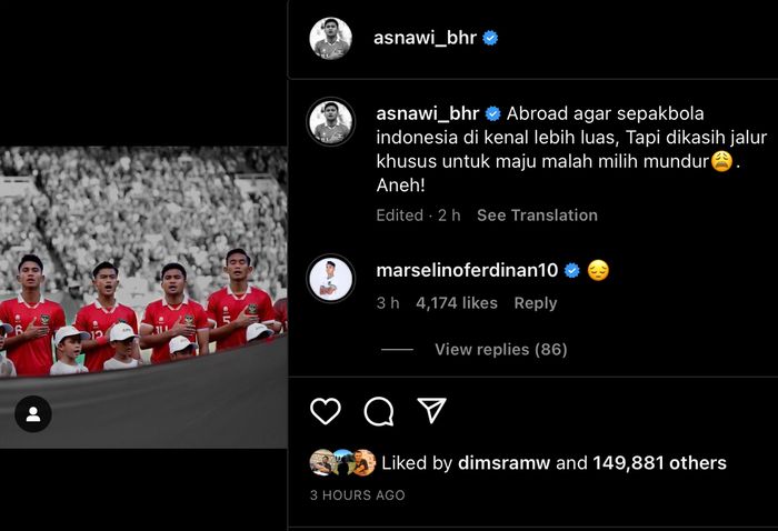 Tangkap layar unggahan pemian timnas Indonesia Asnawi Mangkualam yang turun bersimpati kepada pemain timnas U-20 Indonesia setelah Indonesia batal menjadi tuan rumah Piala Dunia U-20 2023.