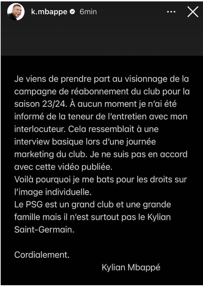 Unggahan story Instagram Kylian Mbappe yang mengkritik video promosi Paris Saint-Germain.
