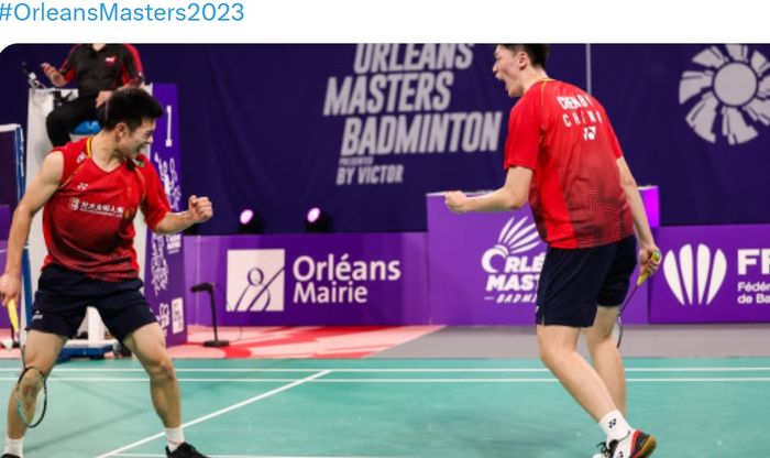 Pasangan ganda putra China, Liu Yi dan Chen Bo Yang, memenangi Orleans Masters 2023 setelah mengalahkan Muhammad Shohibul Fikri/Bagas Maulana (Indonesia) pada final di Palais des Sports, Orleans, Prancis, 9 April 2023.