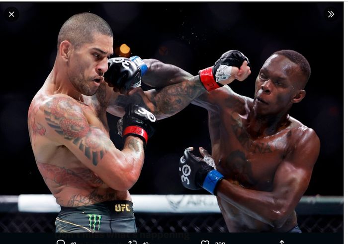 Strategi Israel Adesanya (kanan) dalam duel lawan Alex Pereira (kiri) pada UFC 287 disebut gila oleh eks jagoan, Brendan Schaub.