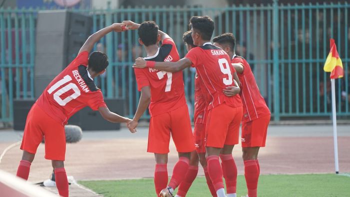 Selebrasi Marselino Ferdinan usai cetak gol pertama timnas U-22 Indonesia atas Filipina dalam kemenangan 3-0 di fase grup SEA Games 2023