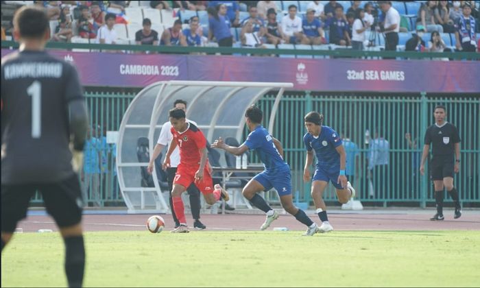 Pemain timnas U-22 Indonesia, Marselino Ferdinan saat pertandingan melawan Filipina di SEA Games 2023, Sabtu (29/4/2023).