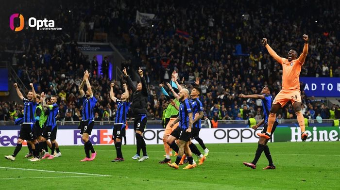 Para pemain Inter Milan merayakan keberhasilan lolos ke babak final Liga Champions 2022-2023 usai mengalahkan AC Milan.