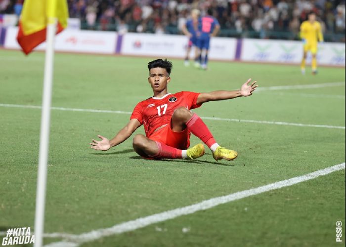 Irfan Jauhari selebrasi gol dalam perpanjangan waktu final SEA Games 2023 antara Timnas U-22 Indonesia dan Thailand di Kamboja.