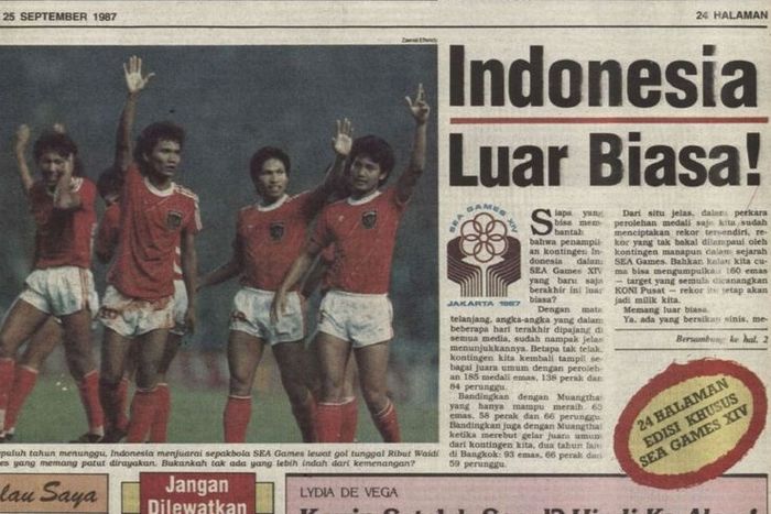 Artikel tentang timnas Indonesia yang meraih medali emas SEA Games 1987 di Tabloid BOLA.