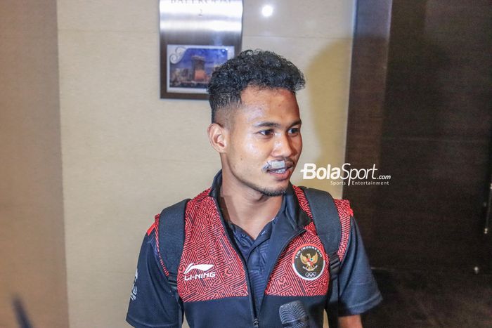 Pemain timnas U-22 Indonesia, Bagas Kaffa, saat ditemui di Hotel Sultan, Senayan, Jakarta, 19 Mei 2023.
