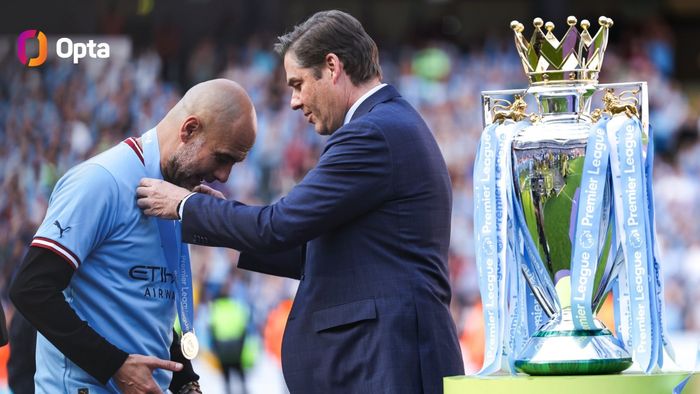 Pep Guardiola saat menerima medali juara Liga Inggris 2022-2023 bersama Manchester City, yang juga menjadi tim terbaik menurut koefisien Eropa.