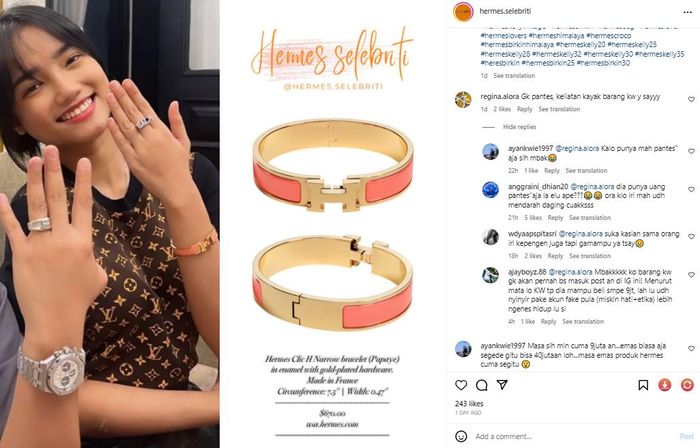 netizen mengomentari gelang mewah Hermes Fuji