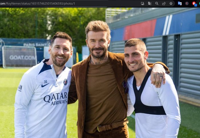 Dari kiri ke kanan: Lionel Messi, David Beckham, dan Marco Verratti dalam sesi latihan Paris Saint-Germain.