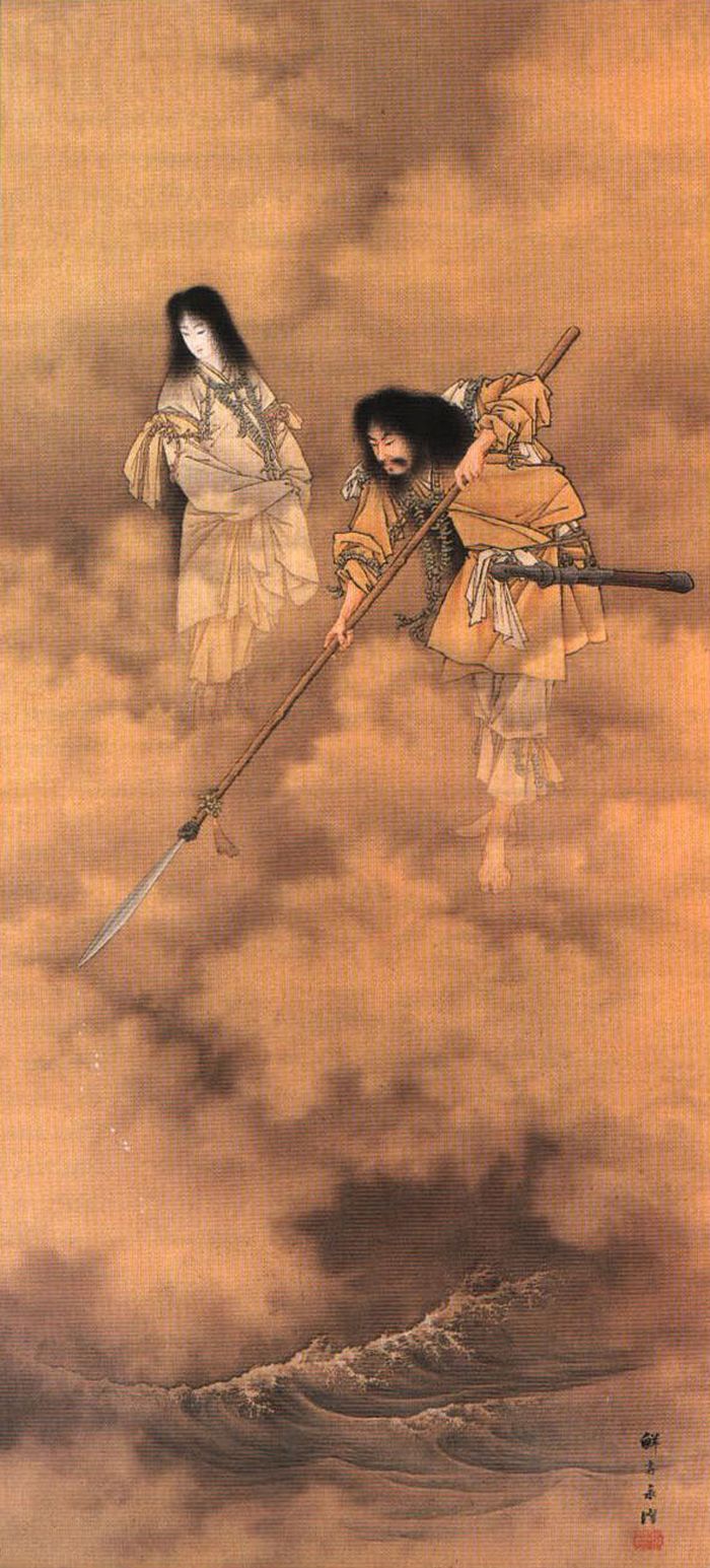Berdiri di jembatan atau tangga surga (dikenal sebagai Ama-no-hashidate), kedua dewa Izanami dan Izanagi menggunakan tombak bertatahkan permata untuk mengaduk lautan. Maka terciptalah daratan pertama dalam mitologi Jepang.