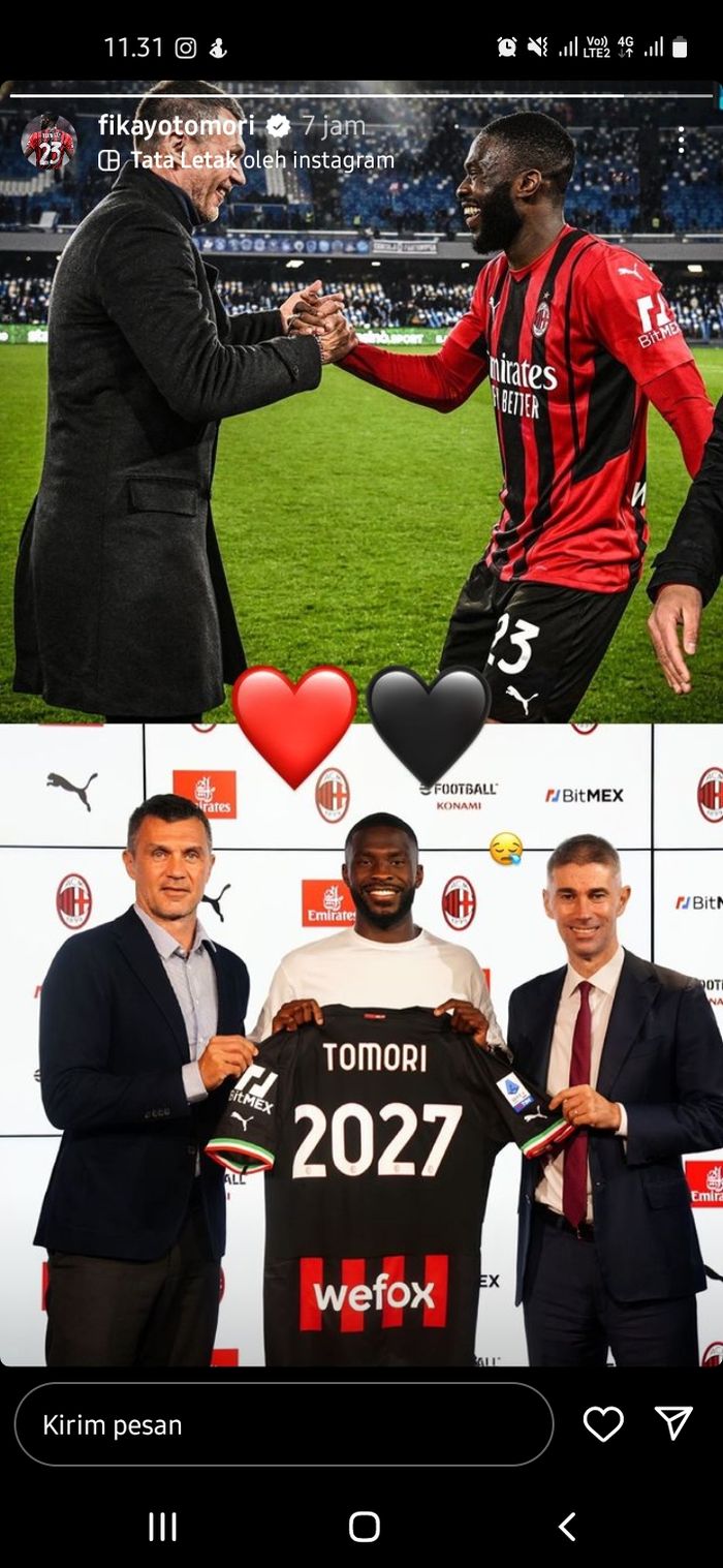Tangkap layar story Instagram Fikayo Tomori soal pemecatan Paolo Maldini dan Ricky Massara oleh AC Milan.
