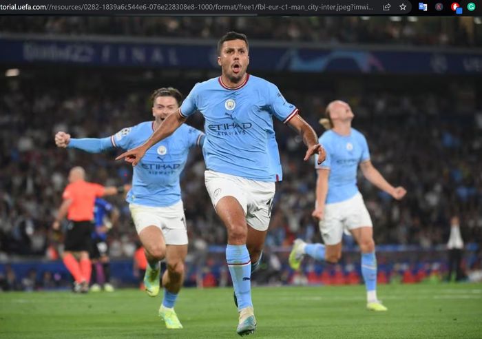 Gelandang Manchester City, Rodri, merayakan gol ke gawang Inter Milan dalam laga final Liga Champions 2022-2023 di Stadion Olimpiade Ataturk, Sabtu (10/6/2023).