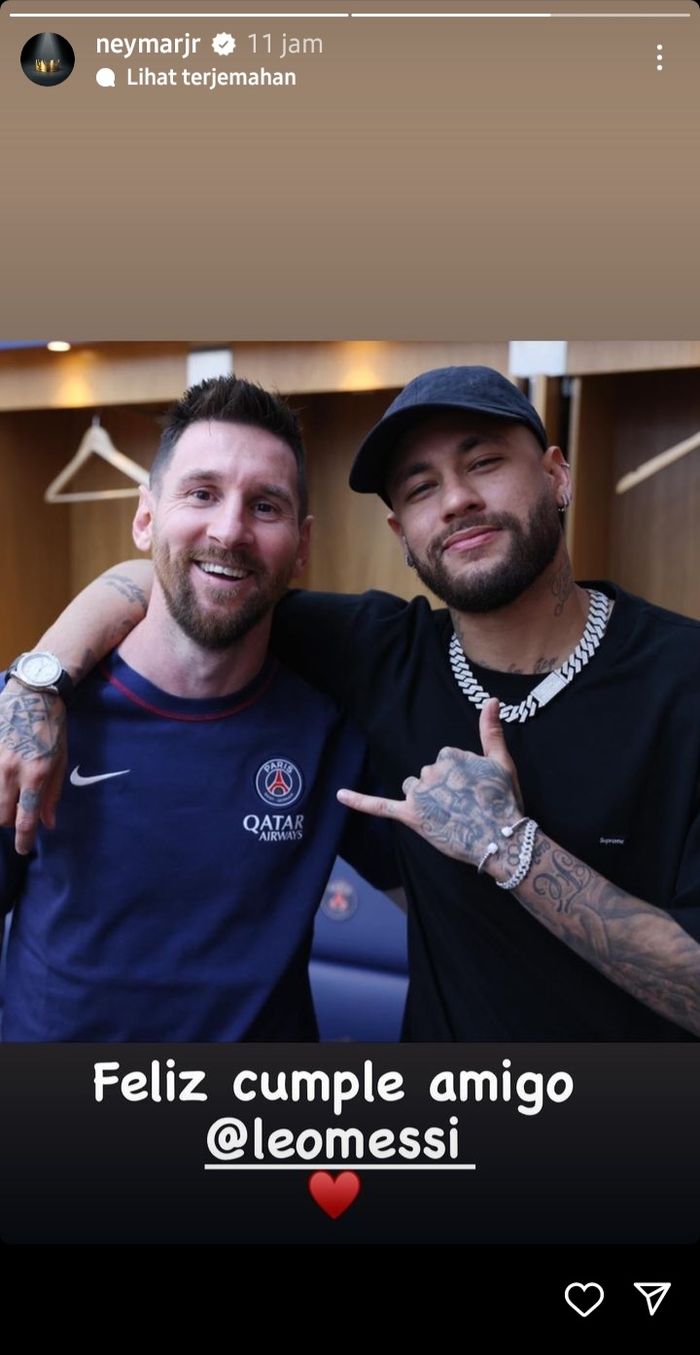 Tangkap layar story Instagram ucapan ulang tahun Neymar Jr untuk Lionel Messi.