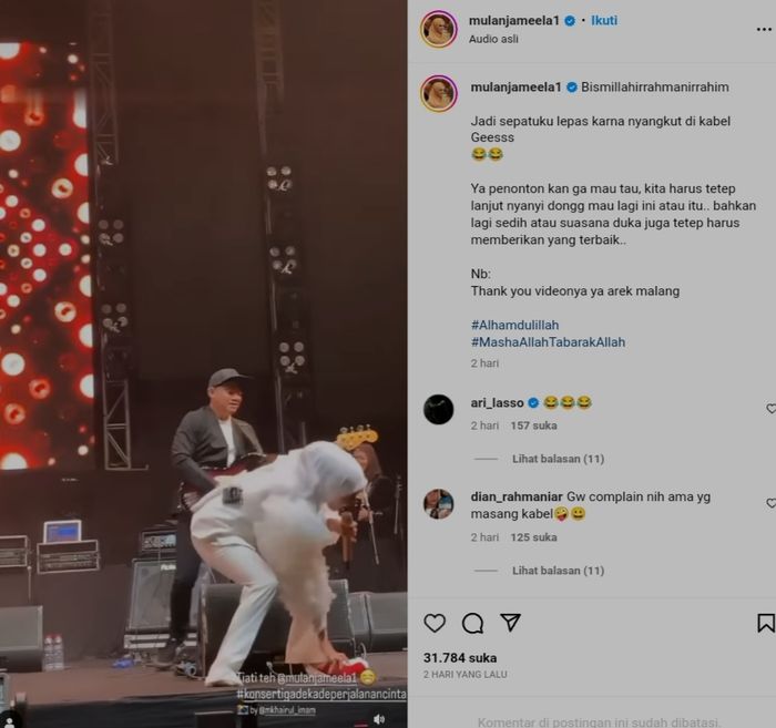 Mulan Jameela copot sepatunya di panggung
