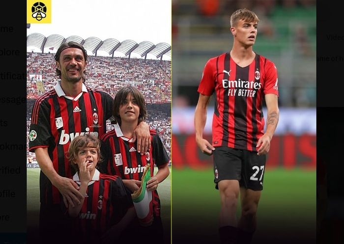 Paolo Maldini bersama Christian dan Daniel sewaktu kecil. Kanan: Daniel Maldini, saat jalani debut starter di tim utama AC Milan pada 2021.