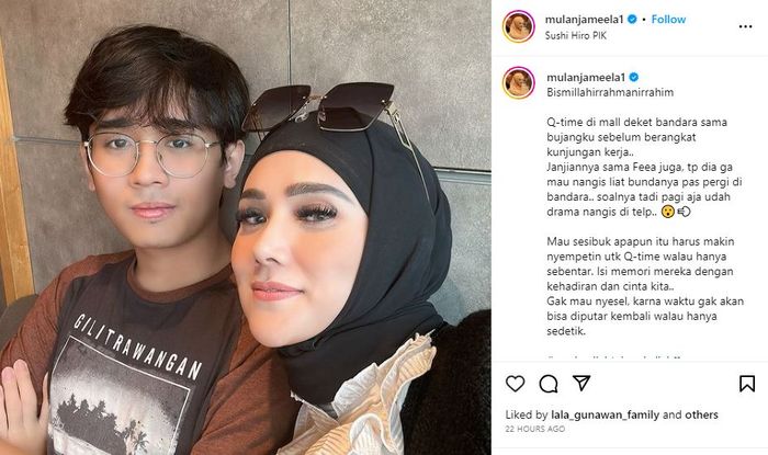 Mulan Jameela pamer foto bareng sang putra sebelum kunjungan kerja.
