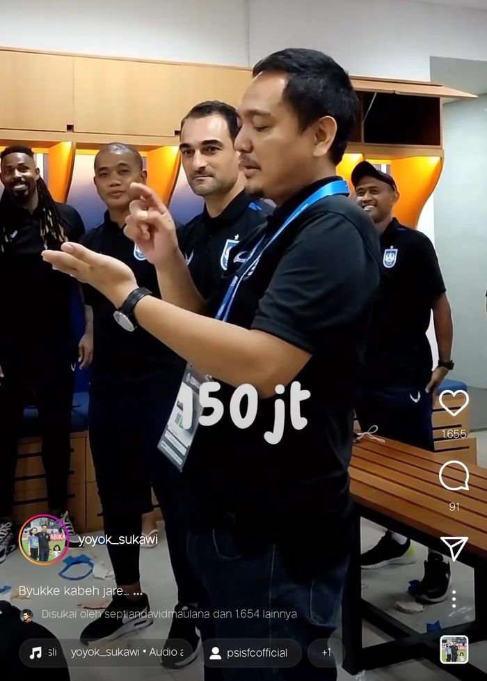 Tanggapan layar instagram CEO PSIS, Yoyok Sukawi yang sedang memberikan bonus usai berhasil mengalahkan Persebaya.