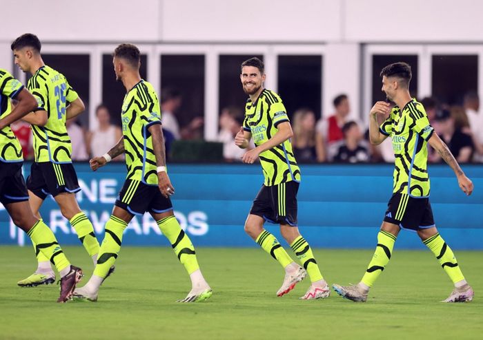 Jorginho merayakan gol untuk Arsenal ke gawang MLS All-Stars dalam laga uji coba di Audi Field, Washington DS, Amerika Serikat pada Kamis (20/7/2023).