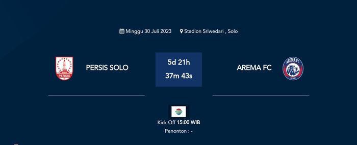 Pengumuman resmi di situs LIB tentang laga Persis Solo vs Arema FC pada 30 Juli 2023