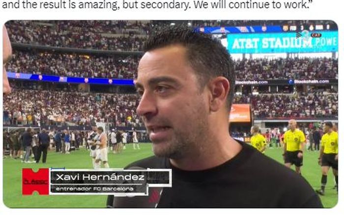 Pelatih Barcelona, Xavi Hernandez, berbicara kepada awak media usai timnya menang 3-0 atas Real Madrid dalam laga uji coba pramusim di Amerika Serikat, Minggu (30/7/2023) pagi WIB.