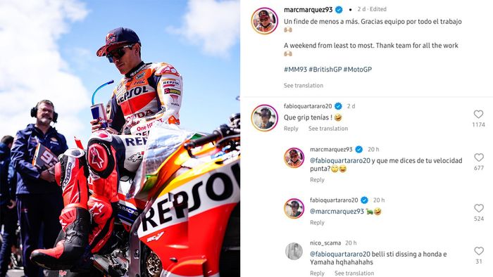 Interaksi antara Marc Marquez dan Fabio Quartararo di Instagram setelah balapan MotoGP Inggris.