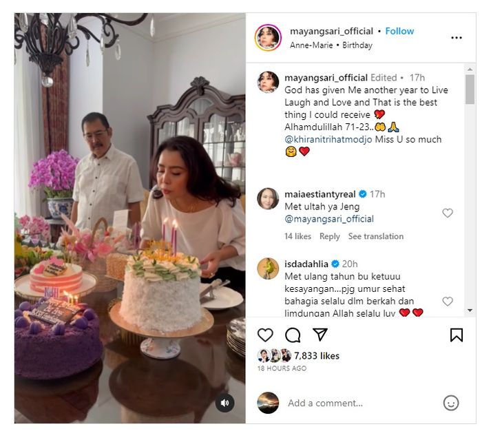 Perayaan ulang tahun Mayangsari tanpa Khirani Trihatmodjo