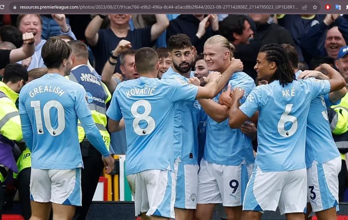 Para pemain Manchester City merayakan gol yang dicetak Erling Haaland ke gawang Sheffield United dalam matchweek 3 Liga Inggris 2023-2024 di Stadion Bramall Lane pada Minggu (27/8/2023) waktu setempat.